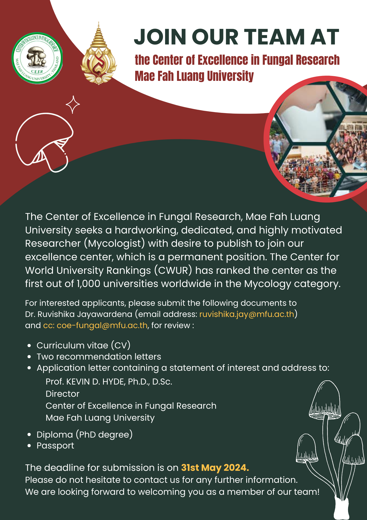 Join Our Team as a Researcher (Mycologist) at the Center of Excellence in Fungal Research, Mae Fah Luang University!